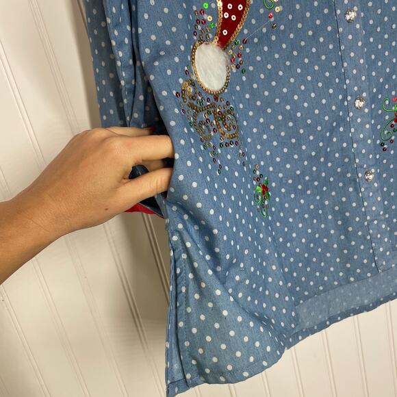 Jack b. quick Women’s Blue Polka Dot Sequined Holiday Button Blouse Size S - Picture 4 of 10